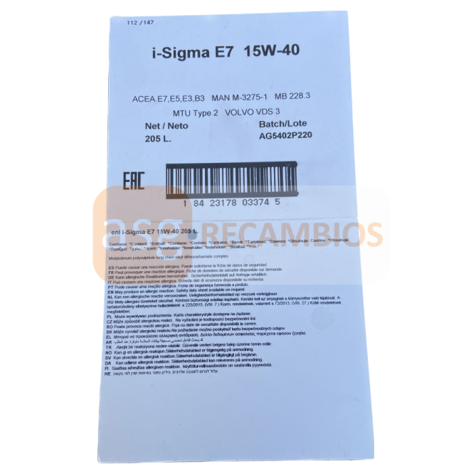 BIDON 205L ENI I-SIGMA PERFORMANCE E7 15W-40