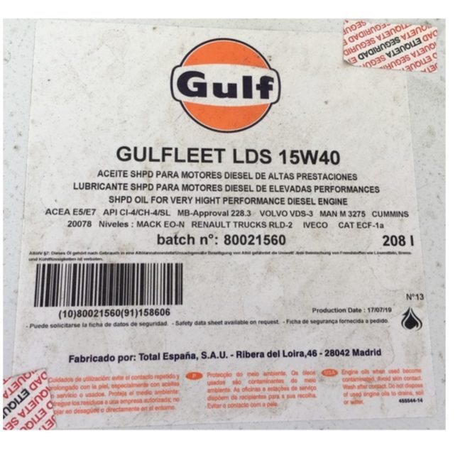 BIDON 208L ACEITE GULFLEET LDS 15W40 E5 E7