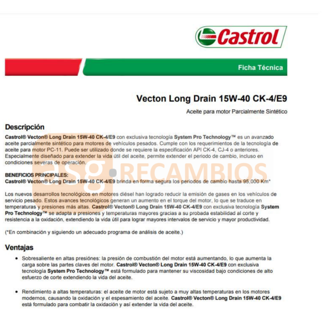 20L ACEITE 15W40 CASTROL E9