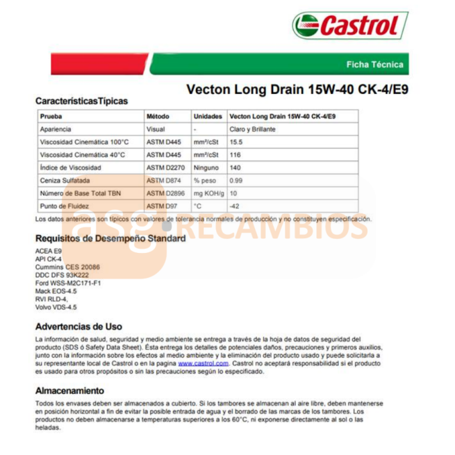 20L ACEITE 15W40 CASTROL E9