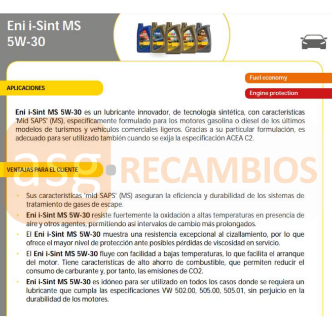 LATA 5L ACEITE ENI I-SINT MS 5W30 C2/C3