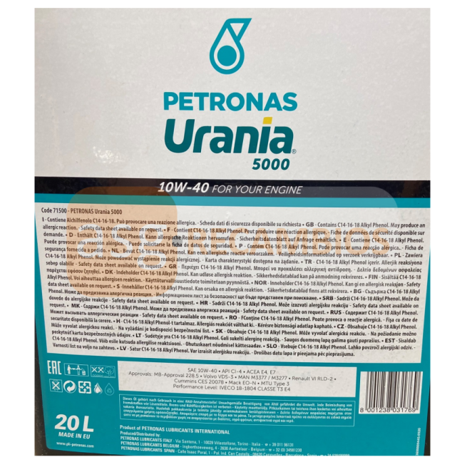 ACEITE MOTOR PETRONAS URANIA 5000 10W-40 20L