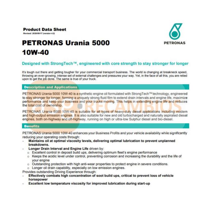 ACEITE MOTOR PETRONAS URANIA 5000 10W-40 20L
