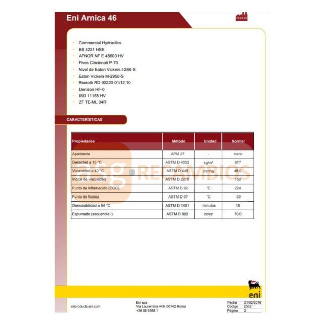 ACEITE HIDRÁULICO ENI ARNICA 20L 46/68