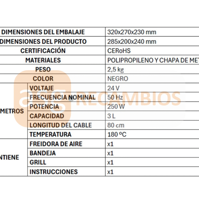 FREIDORA DE AIRE 3 LITROS 24V FASEBA